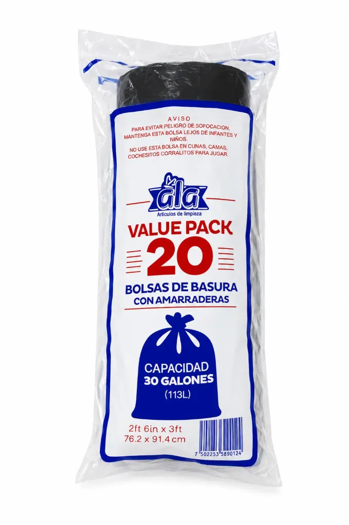BOLSA NEGRA EN ROLLO 90 X 1.20 CON AMARRADERAS CON 20 BOLSAS